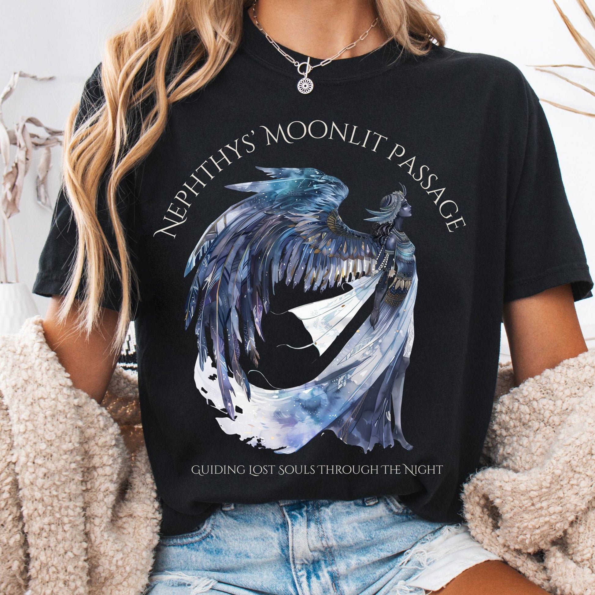 T-Shirt Black / S Nephthys' Moonlit Passage Egyptian Mythology Tee The Mystic Eden