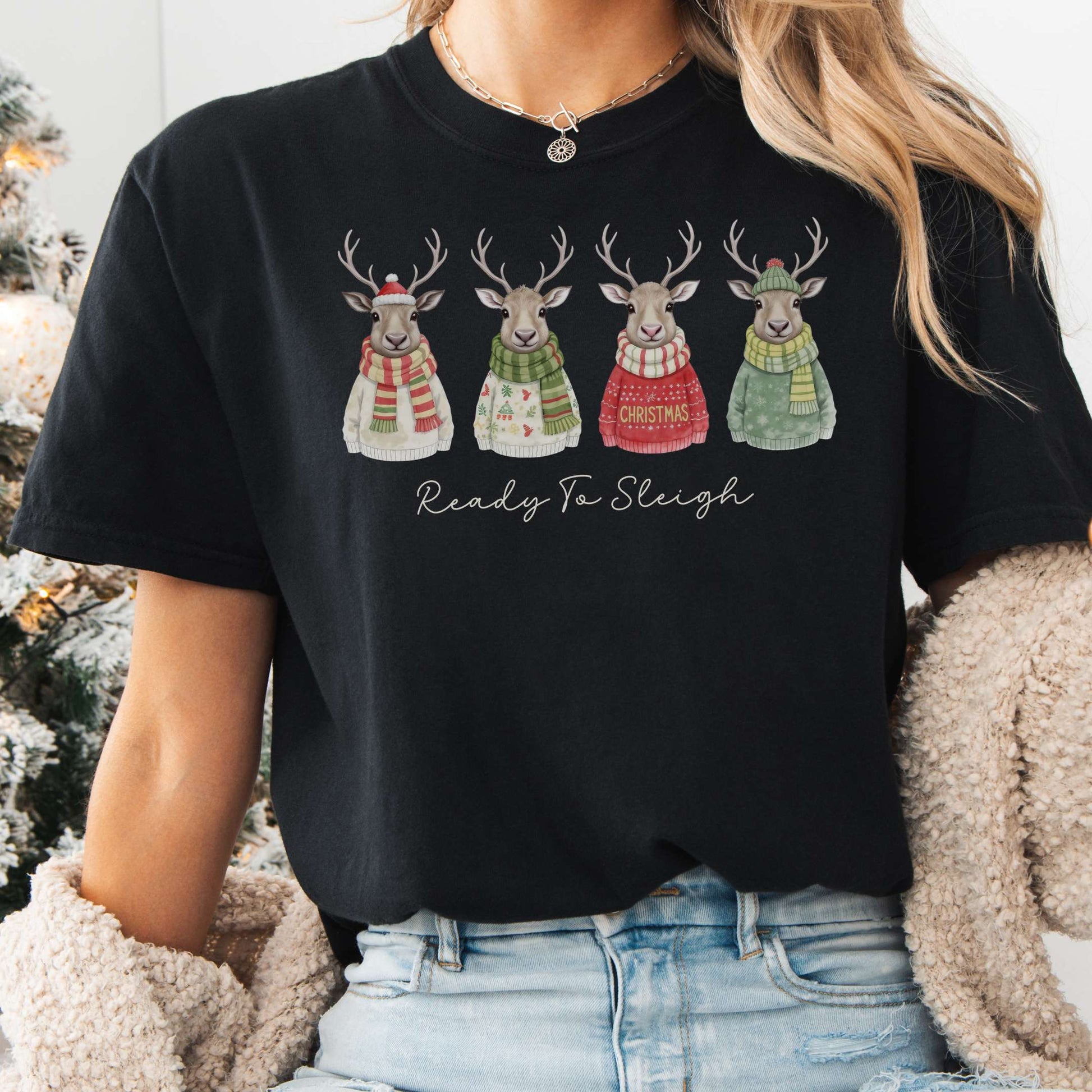 T-Shirt Black / S Ready to Sleigh — Festive Reindeer Christmas Tee The Mystic Eden