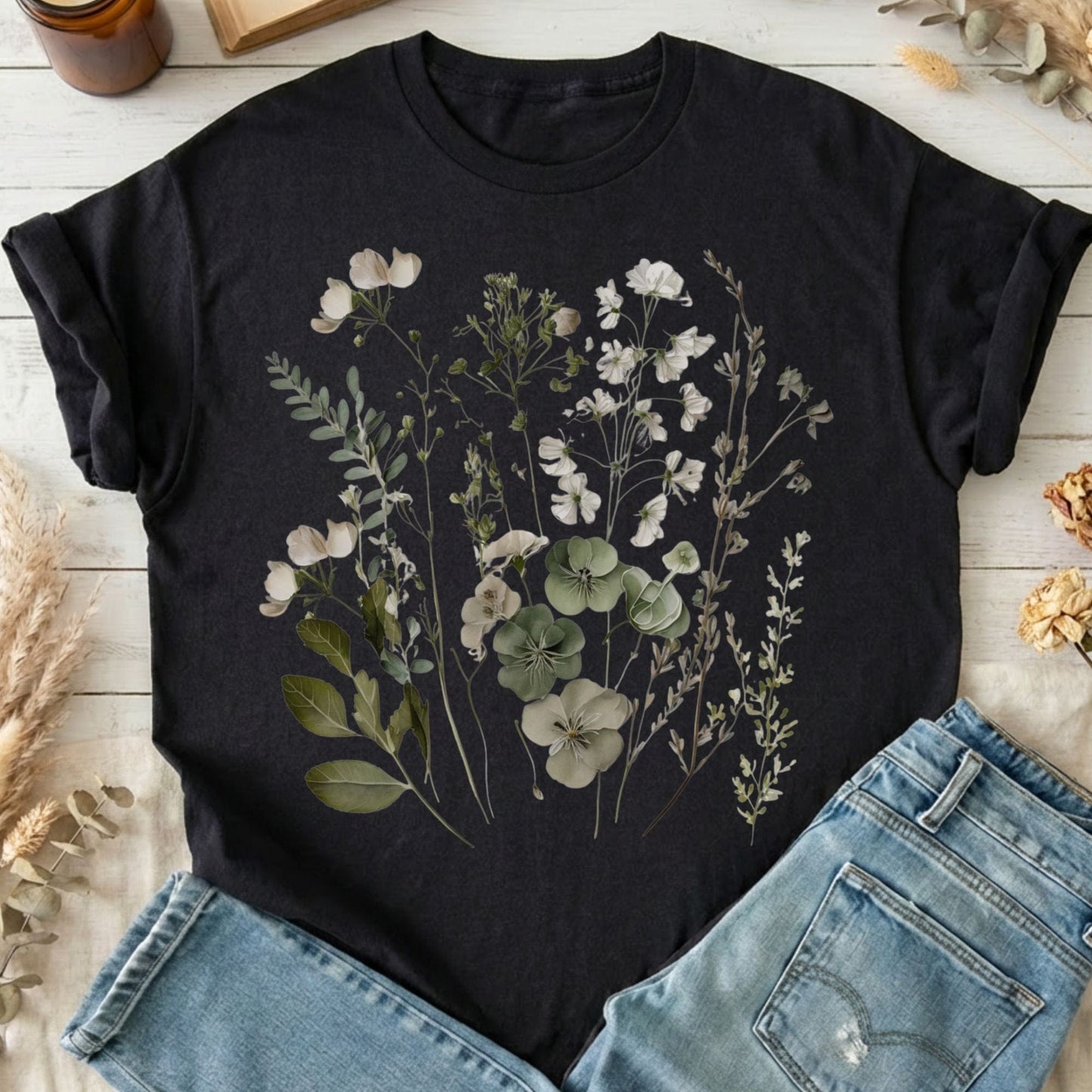 T-Shirt Black / S Sage and White Wildflower T-Shirt The Mystic Eden