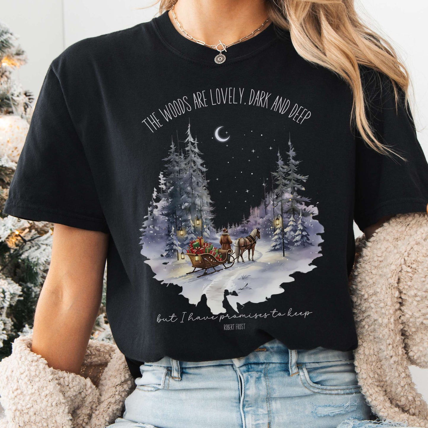 T-Shirt Black / S The Woods Are Lovely Robert Frost Christmas Tee The Mystic Eden