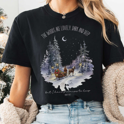 T-Shirt Black / S The Woods Are Lovely Robert Frost Christmas Tee The Mystic Eden