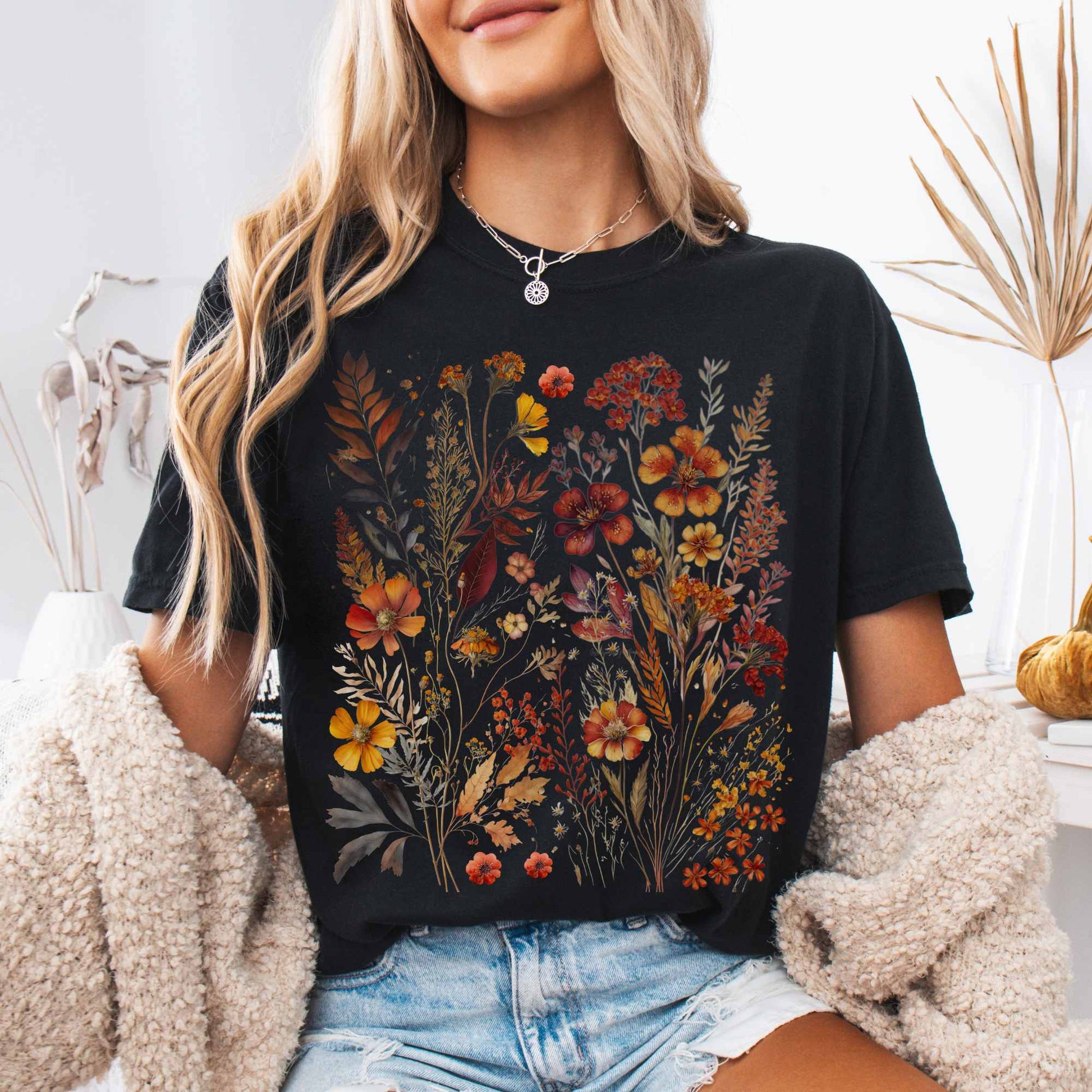 T-Shirt Black / S Vintage cottagecore fall wildflowers shirt The Mystic Eden