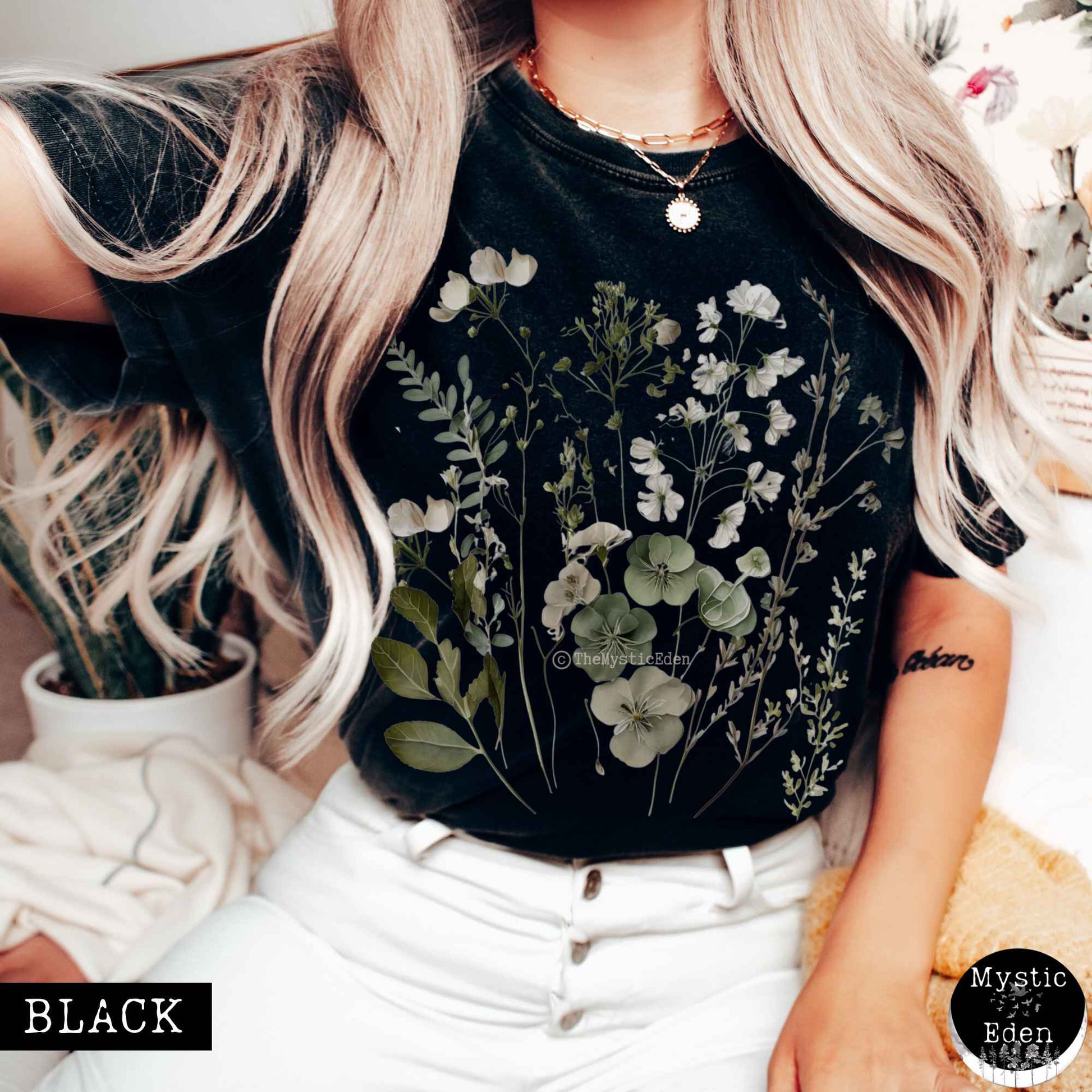 T-Shirt Black / S Vintage cottagecore sage and white wildflower shirt The Mystic Eden