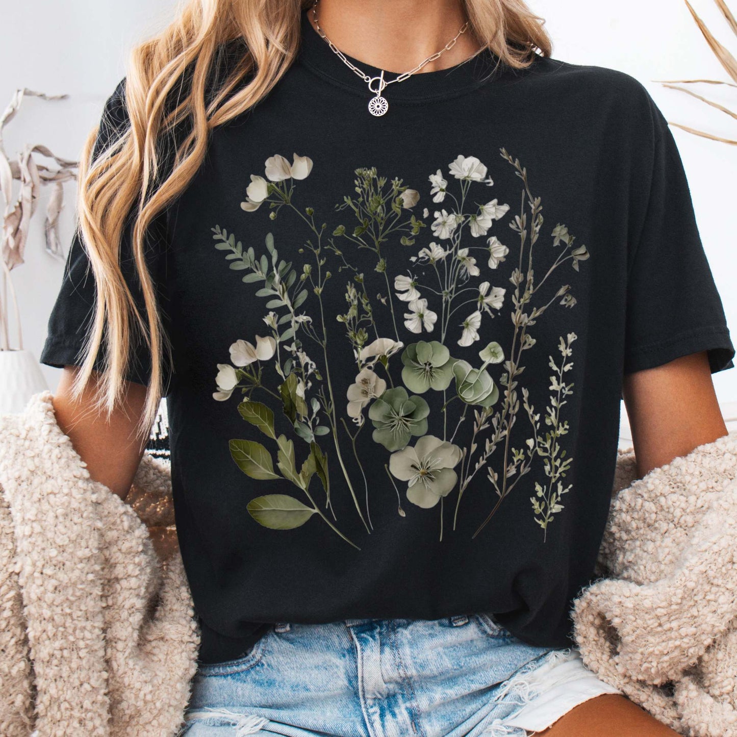 T-Shirt Black / S Vintage cottagecore sage and white wildflower shirt The Mystic Eden