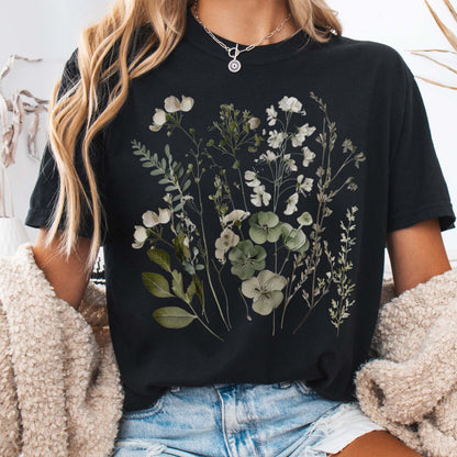 T-Shirt Black / S Vintage cottagecore sage and white wildflower shirt The Mystic Eden