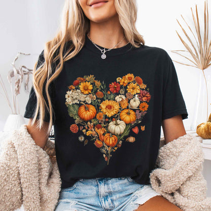 T-Shirt Black / S Vintage fall floral pumpkin heart tee The Mystic Eden