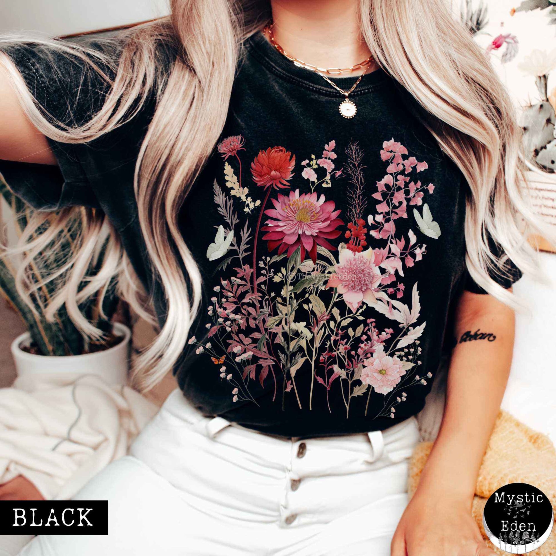T-Shirt Black / S Vintage pink floral wildflower and butterfly shirt The Mystic Eden