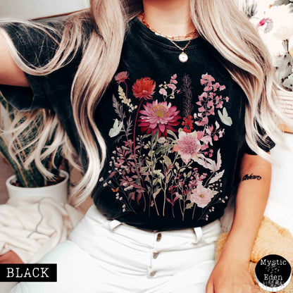 T-Shirt Black / S Vintage pink floral wildflower and butterfly shirt The Mystic Eden