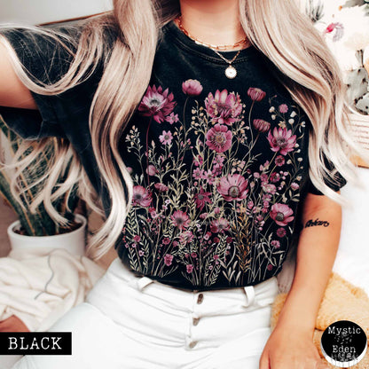 T-Shirt Black / S Vintage wildflower maroon floral shirt The Mystic Eden
