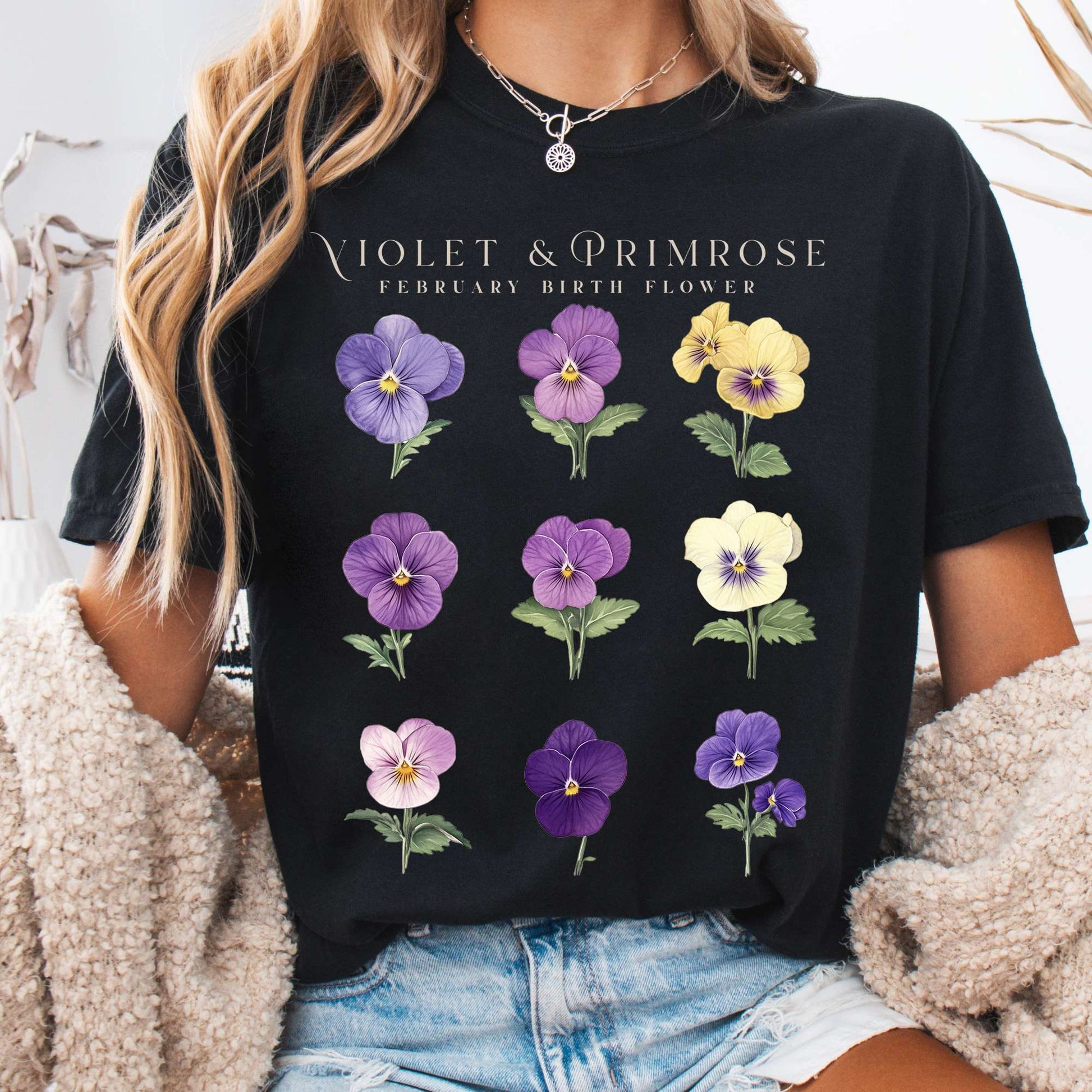 T-Shirt Black / S Violet & Primrose February Birth Month Flower Shirt The Mystic Eden