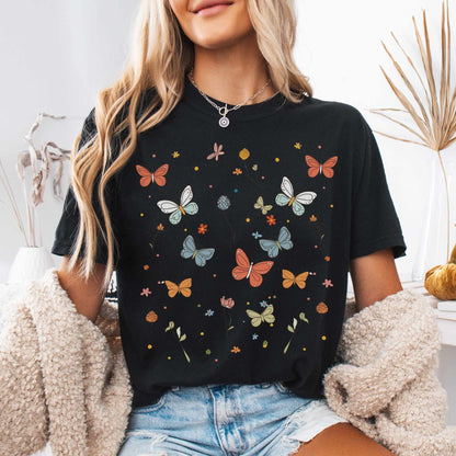 T-Shirt Black / S Whimsical Bright Butterflies Cottagecore Shirt The Mystic Eden