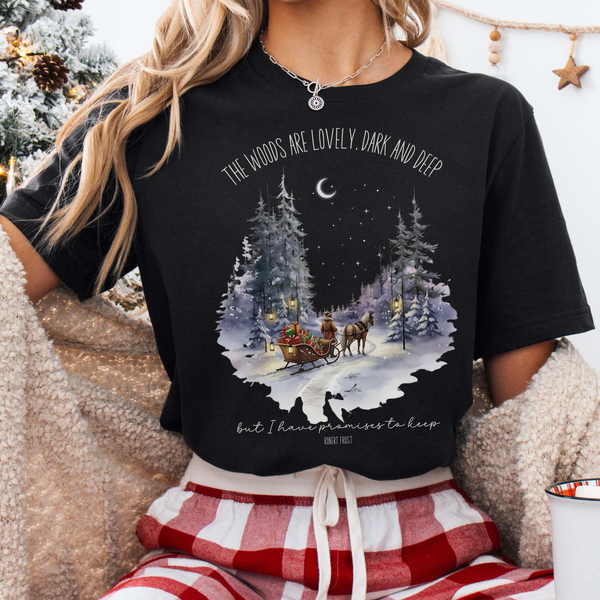 T-Shirt Black / XS The Woods Are Lovely Robert Frost Christmas Tee The Mystic Eden
