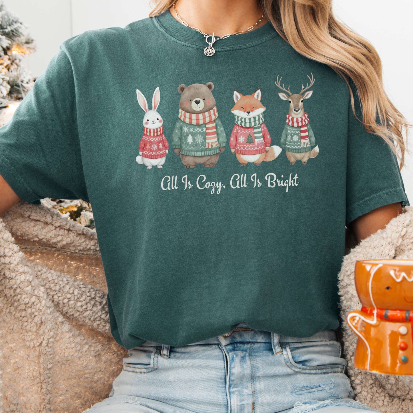 T-Shirt Blue Spruce / S All Is Cozy, All Is Bright — Woodland Christmas Christmas Tee The Mystic Eden