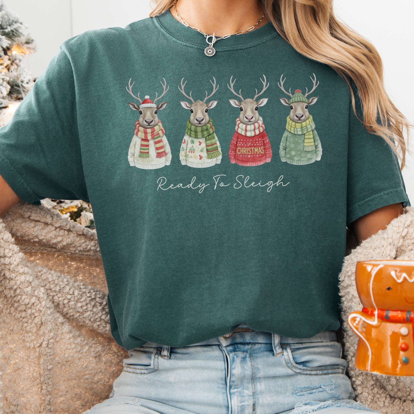 T-Shirt Blue Spruce / S Ready to Sleigh — Festive Reindeer Christmas Tee The Mystic Eden