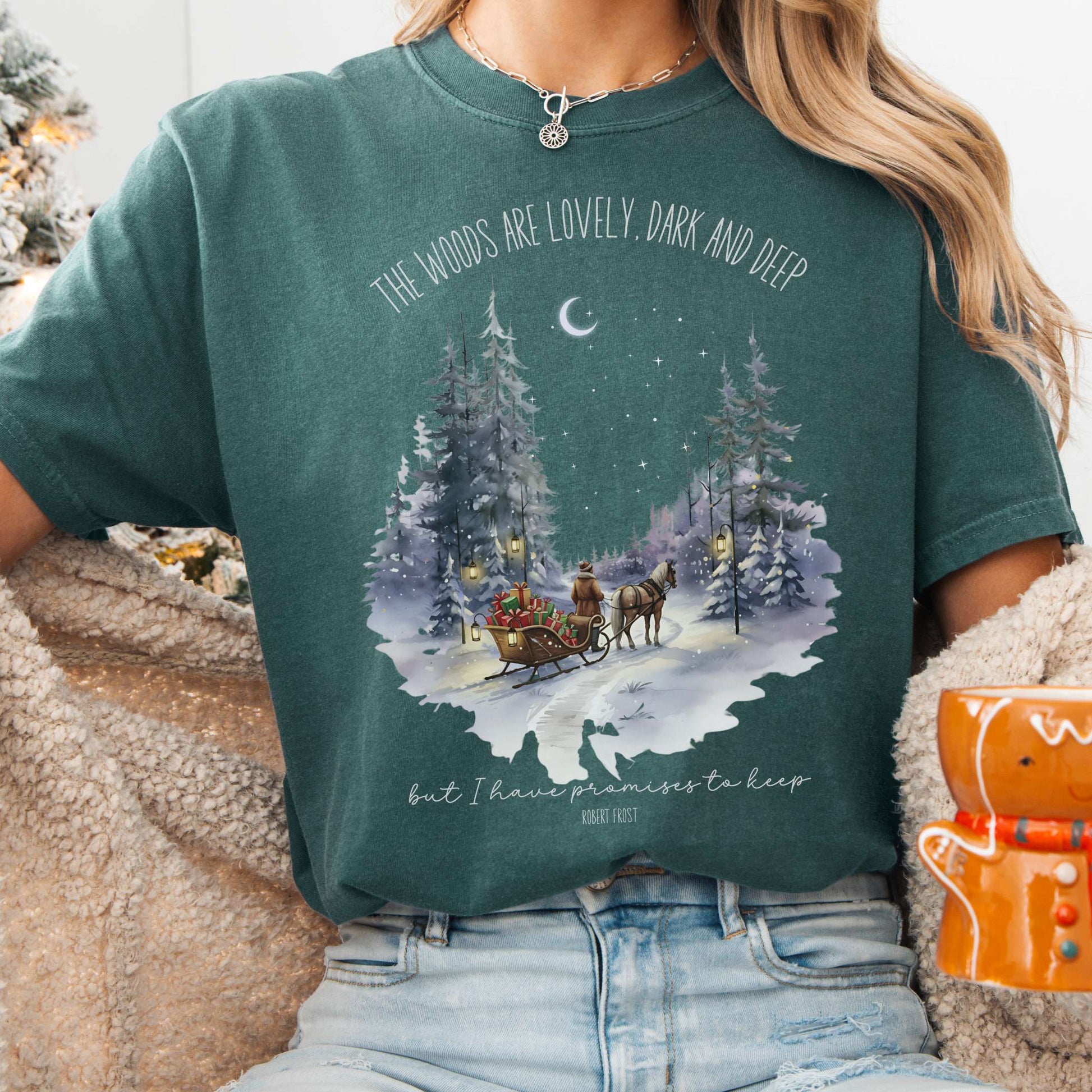 T-Shirt Blue Spruce / S The Woods Are Lovely Robert Frost Christmas Tee The Mystic Eden