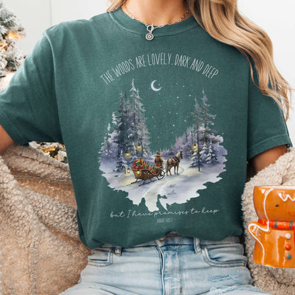 T-Shirt Blue Spruce / S The Woods Are Lovely Robert Frost Christmas Tee The Mystic Eden