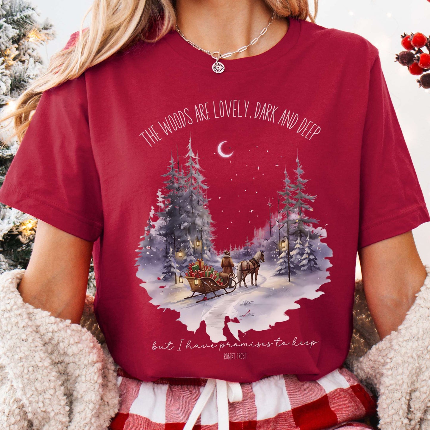 T-Shirt Cardinal / XS The Woods Are Lovely Robert Frost Christmas Tee The Mystic Eden