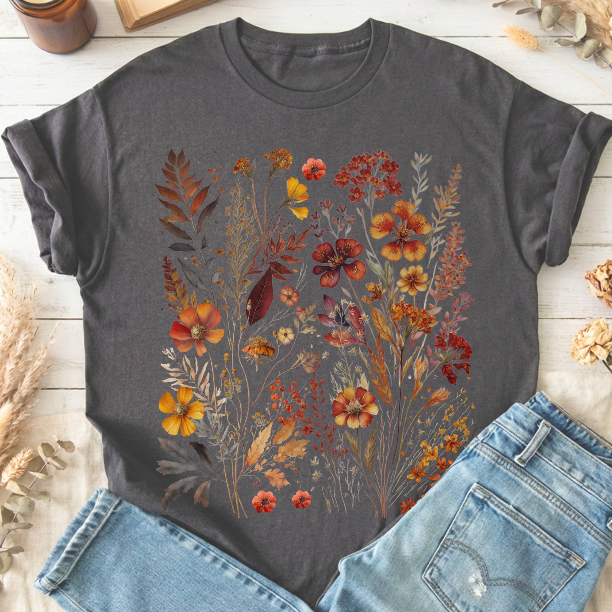 T-Shirt Charcoal / S Autumn Cottagecore Wildflowers T-Shirt The Mystic Eden