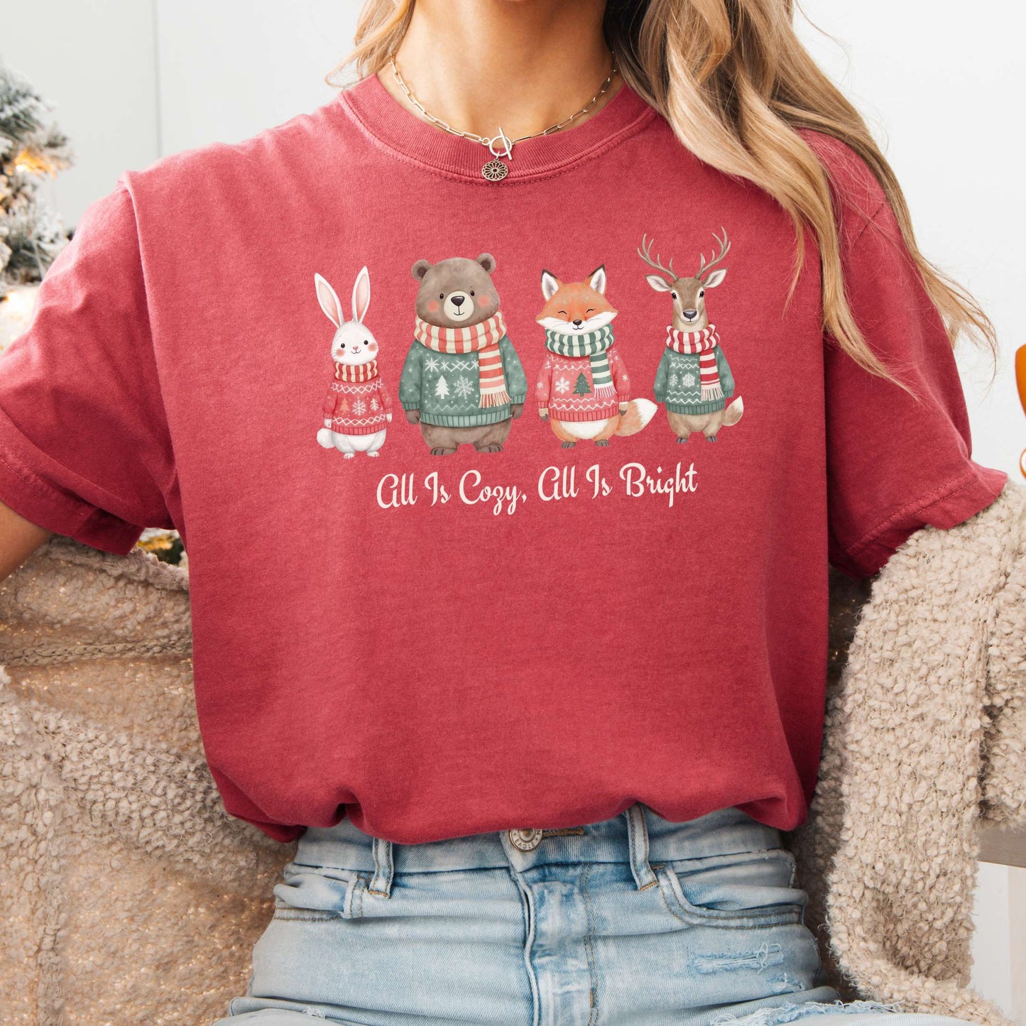 T-Shirt Crimson / S All Is Cozy, All Is Bright — Woodland Christmas Christmas Tee The Mystic Eden