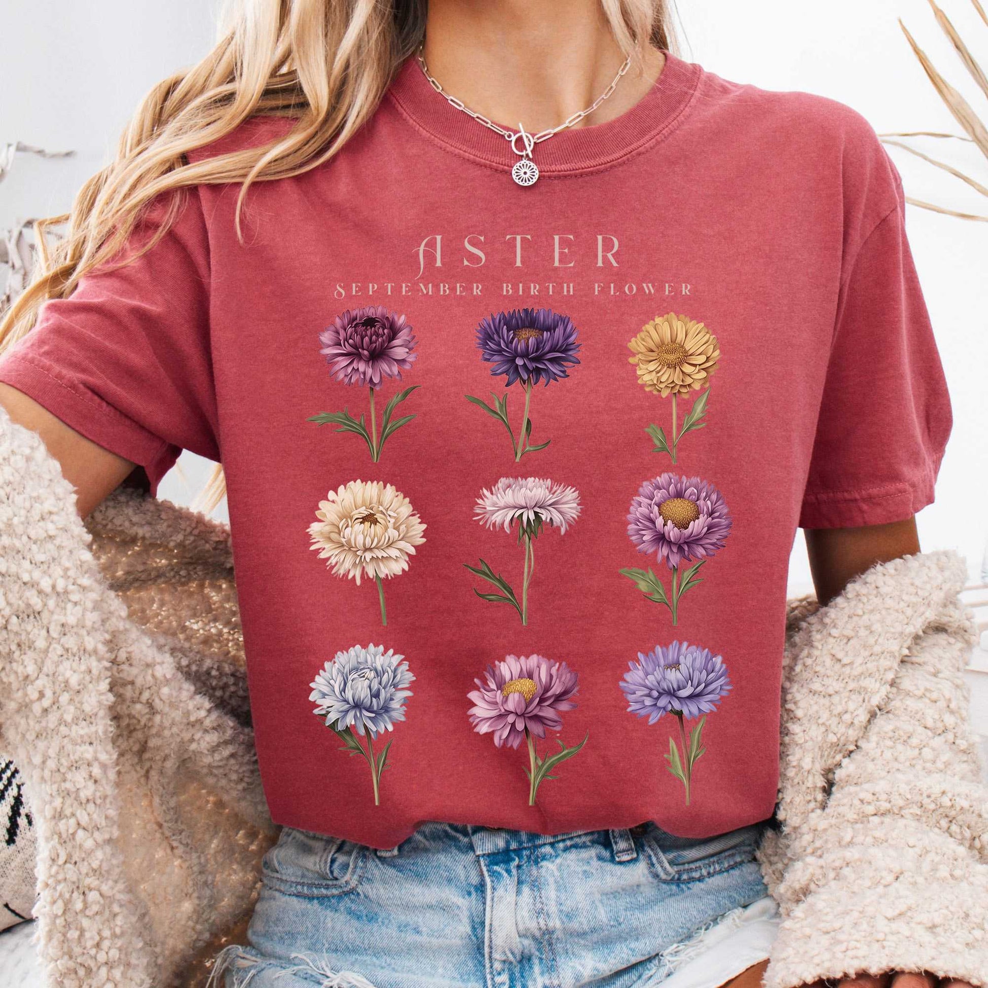 T-Shirt Crimson / S Aster September Birth Month Flower Shirt The Mystic Eden