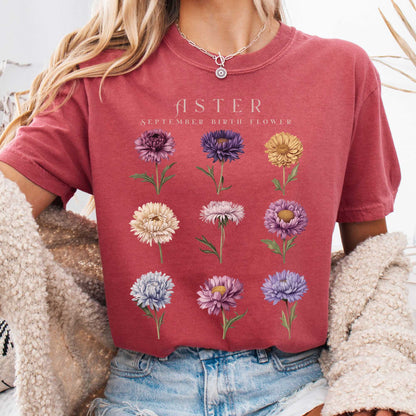 T-Shirt Crimson / S Aster September Birth Month Flower Shirt The Mystic Eden