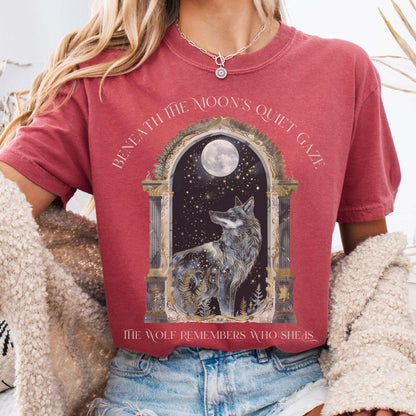 T-Shirt Crimson / S Beneath The Moon The Wolf Remembers Who She Is Tee The Mystic Eden