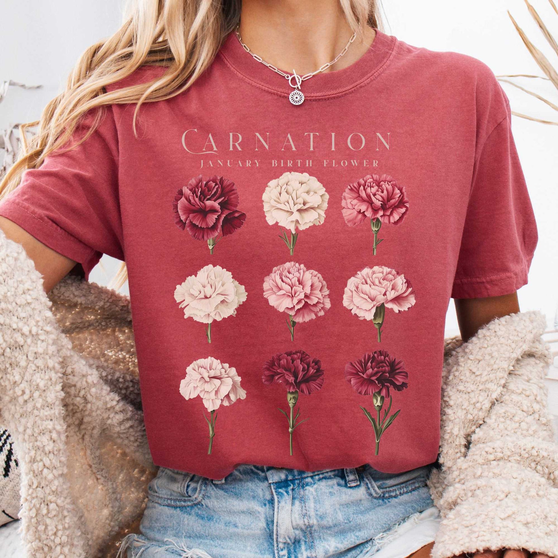 T-Shirt Crimson / S Carnation January Birth Month Flower Shirt The Mystic Eden