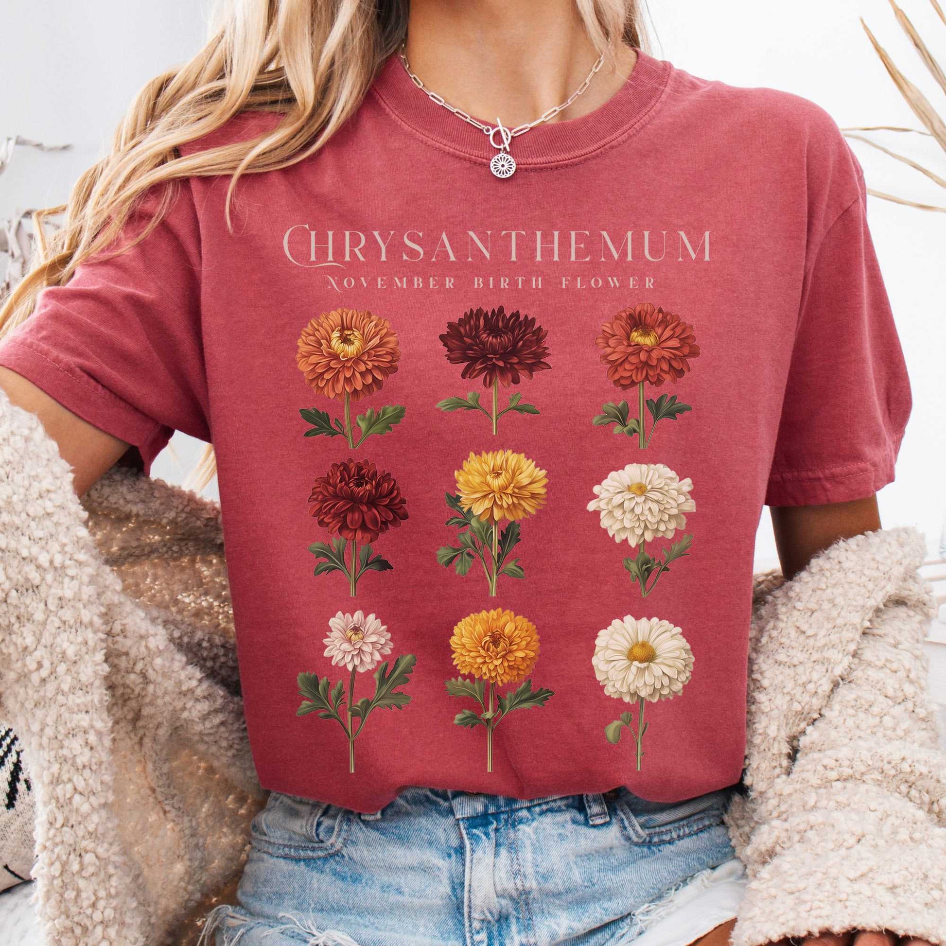 T-Shirt Crimson / S Chrysanthemum November Birth Month Flower Shirt The Mystic Eden