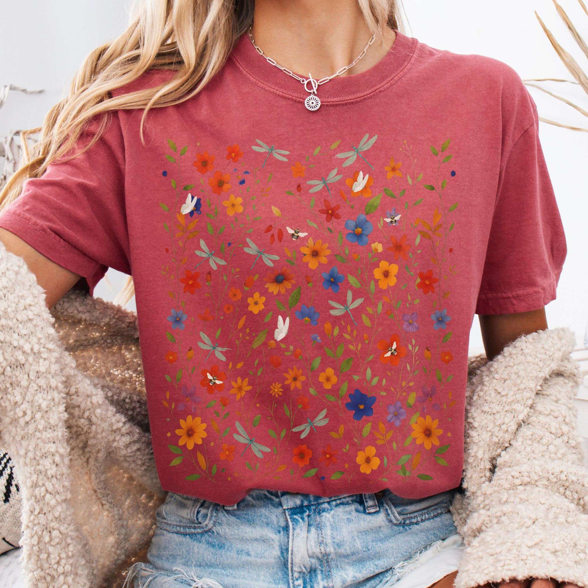 T-Shirt Crimson / S Dragonfly Meadow T-Shirt – Whimsical Floral Tee The Mystic Eden