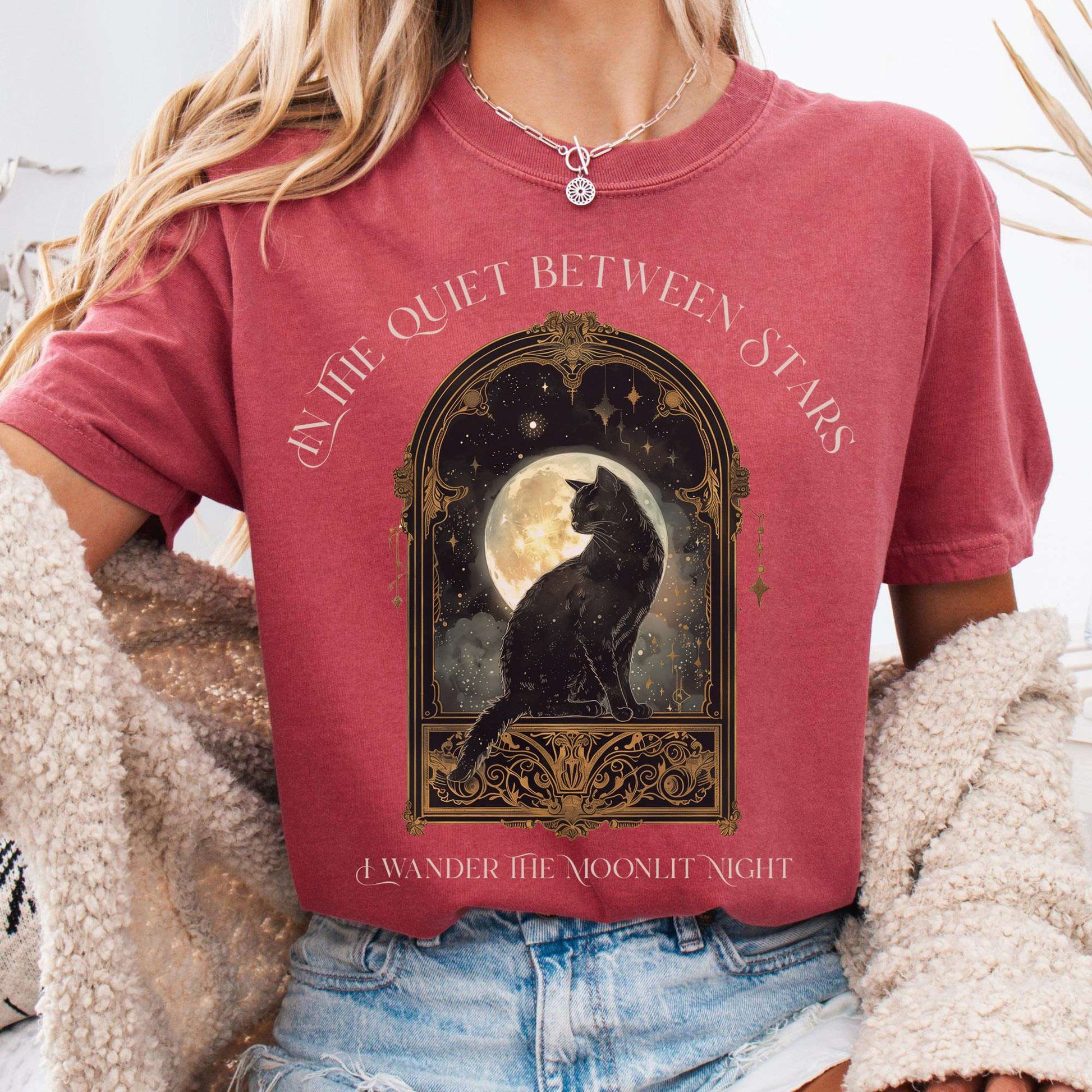 T-Shirt Crimson / S In the Quiet Between Stars Moonlit Cat Tee The Mystic Eden