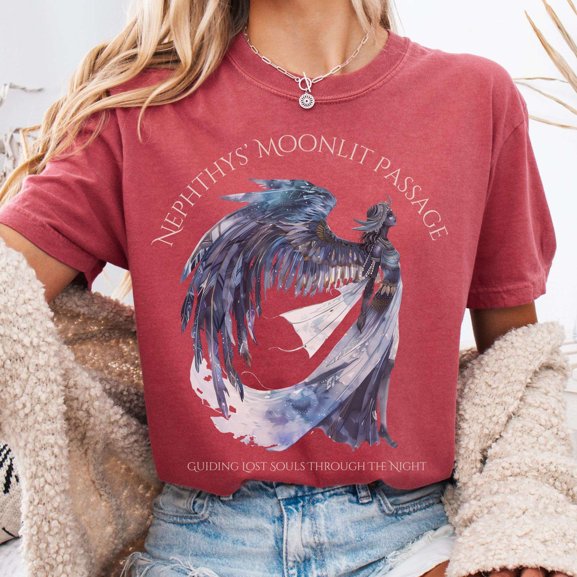 T-Shirt Crimson / S Nephthys' Moonlit Passage Egyptian Mythology Tee The Mystic Eden