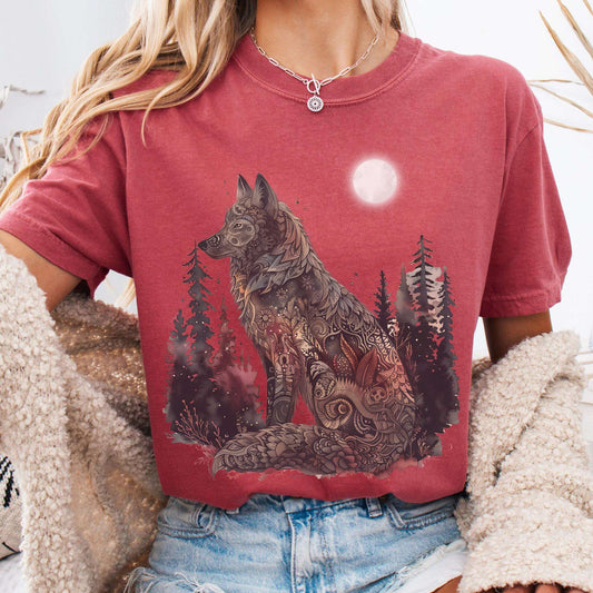 T-Shirt Crimson / S Nightfall Wolf T-Shirt – Mystical Forestcore Tee The Mystic Eden