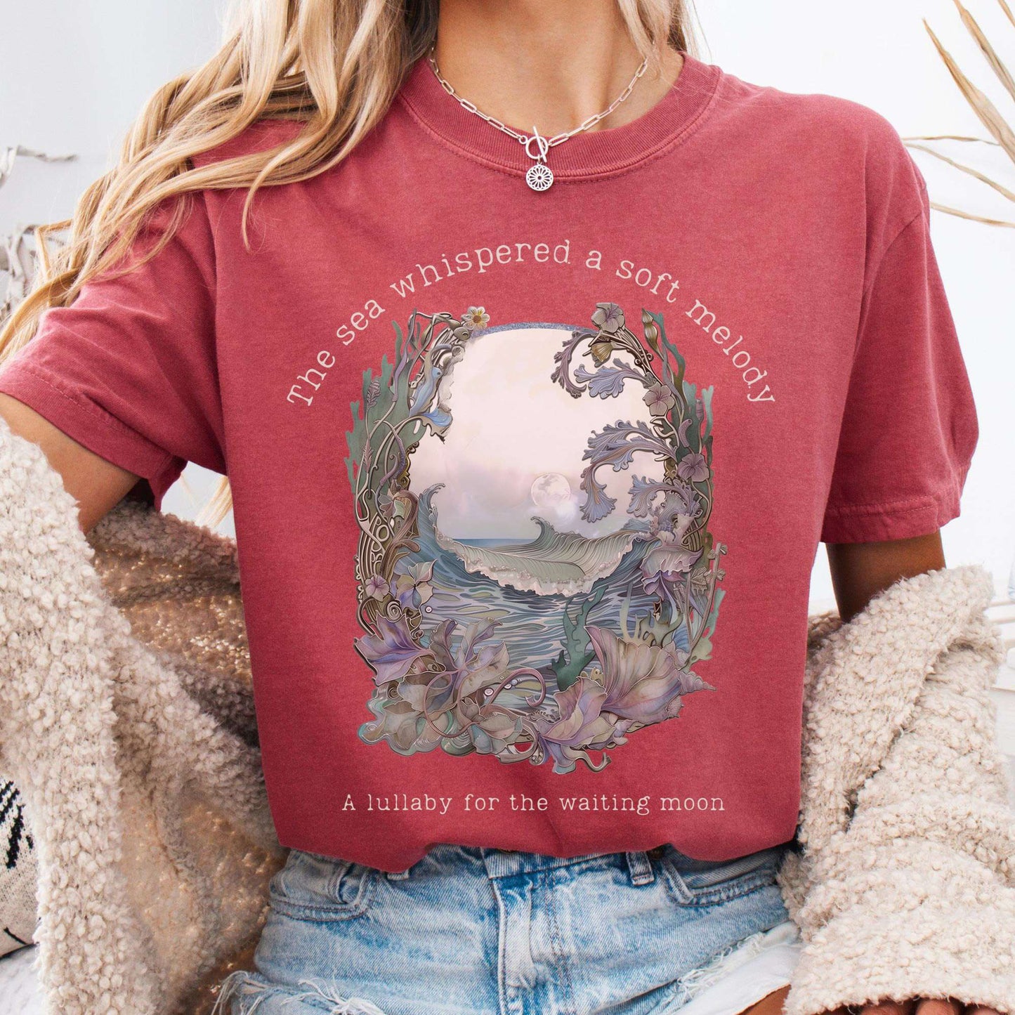 T-Shirt Crimson / S Sea Lullaby for the Waiting Moon Poetry Tee The Mystic Eden