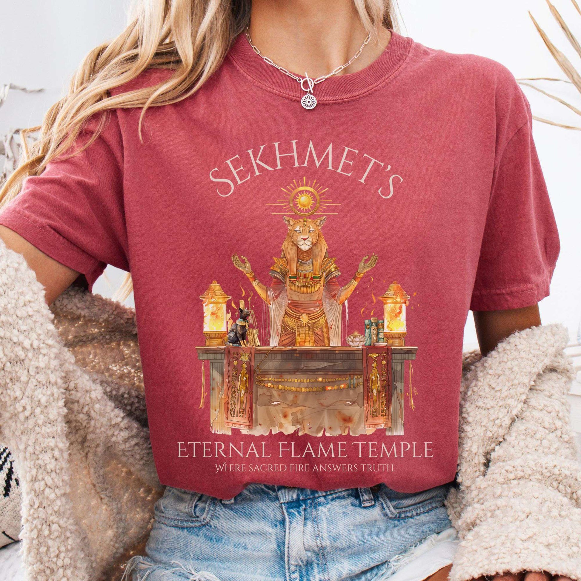 T-Shirt Crimson / S Sekhmet's Eternal Flame Temple Egyptian Mythology Tee The Mystic Eden