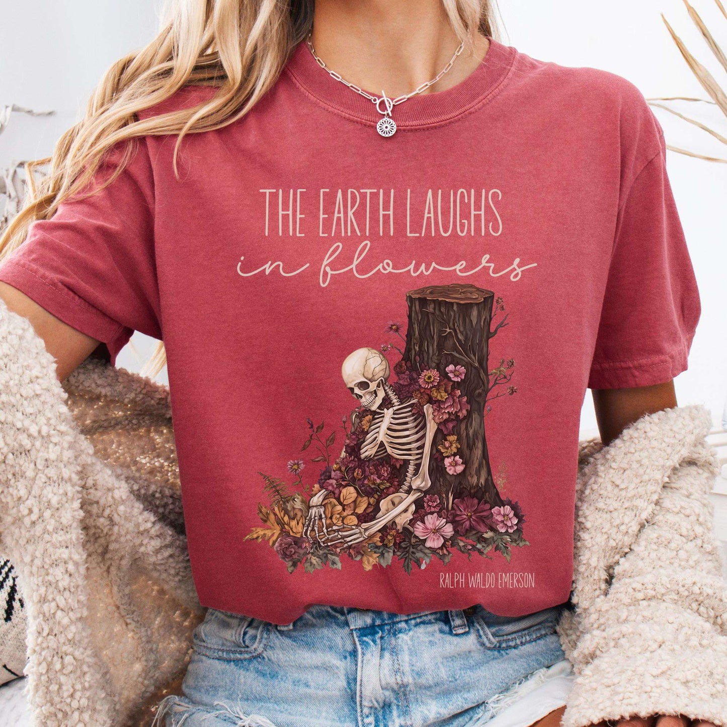 T-Shirt Crimson / S The Earth Laughs in Flowers Ralph Waldo Emerson Tee The Mystic Eden