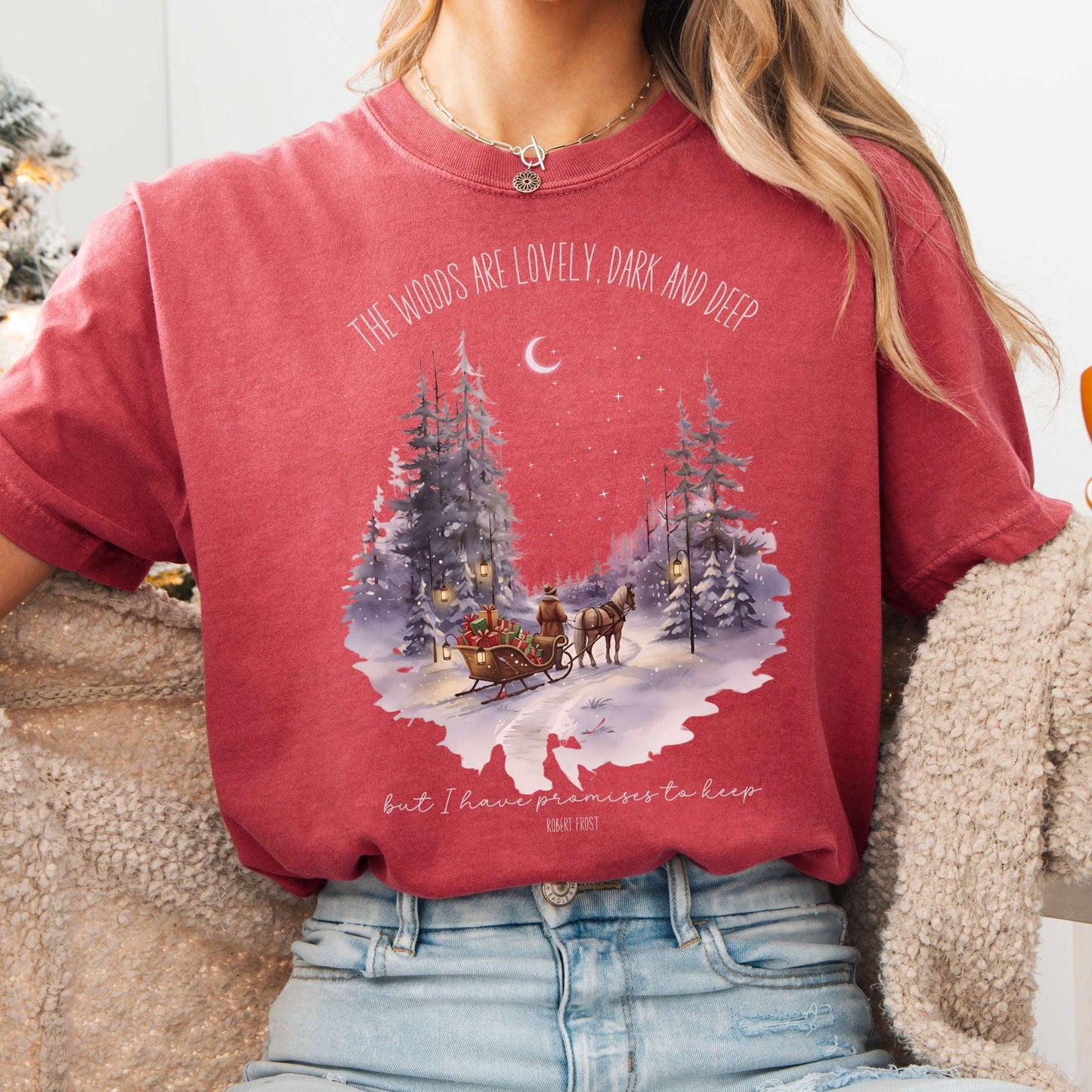 T-Shirt Crimson / S The Woods Are Lovely Robert Frost Christmas Tee The Mystic Eden