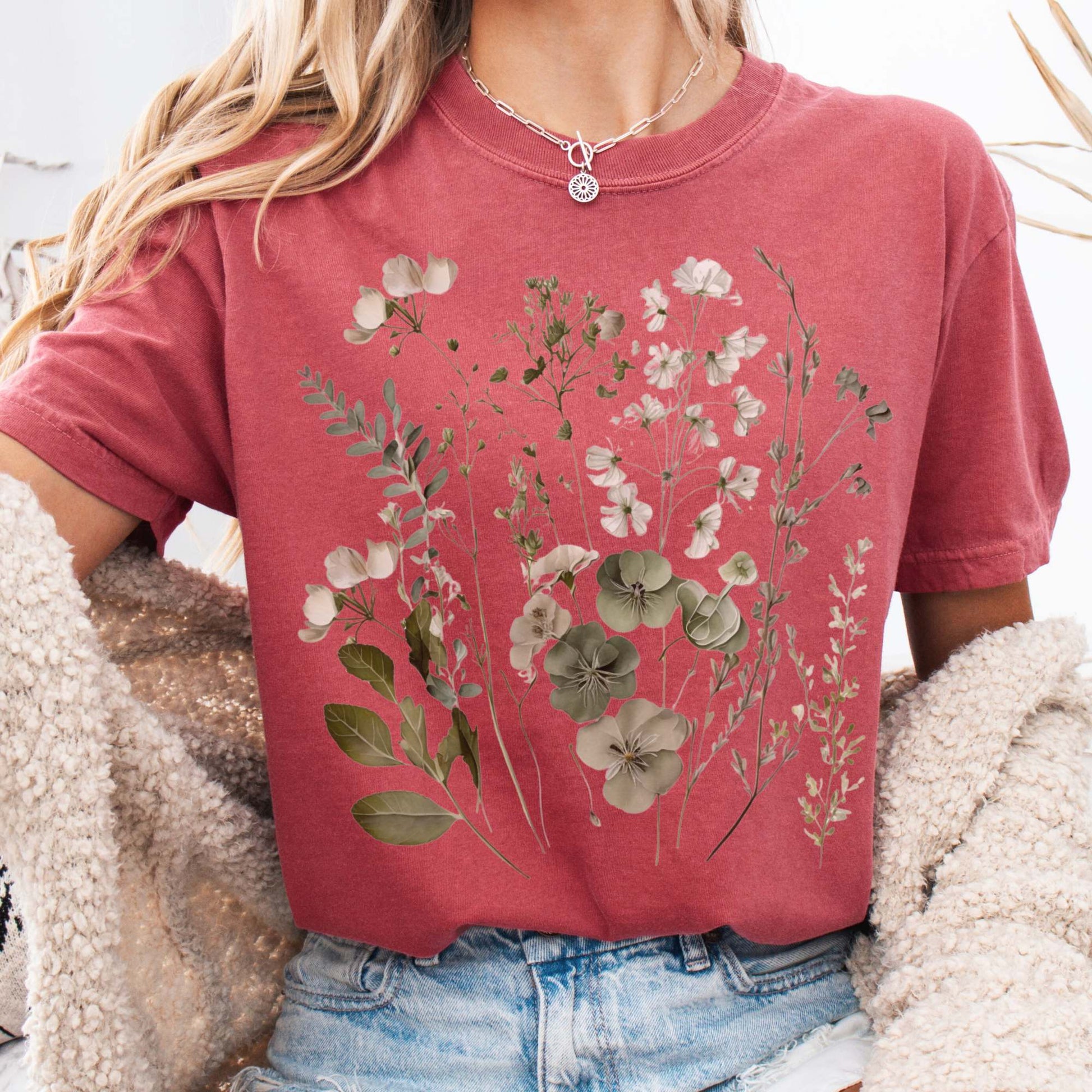 T-Shirt Crimson / S Vintage cottagecore sage and white wildflower shirt The Mystic Eden