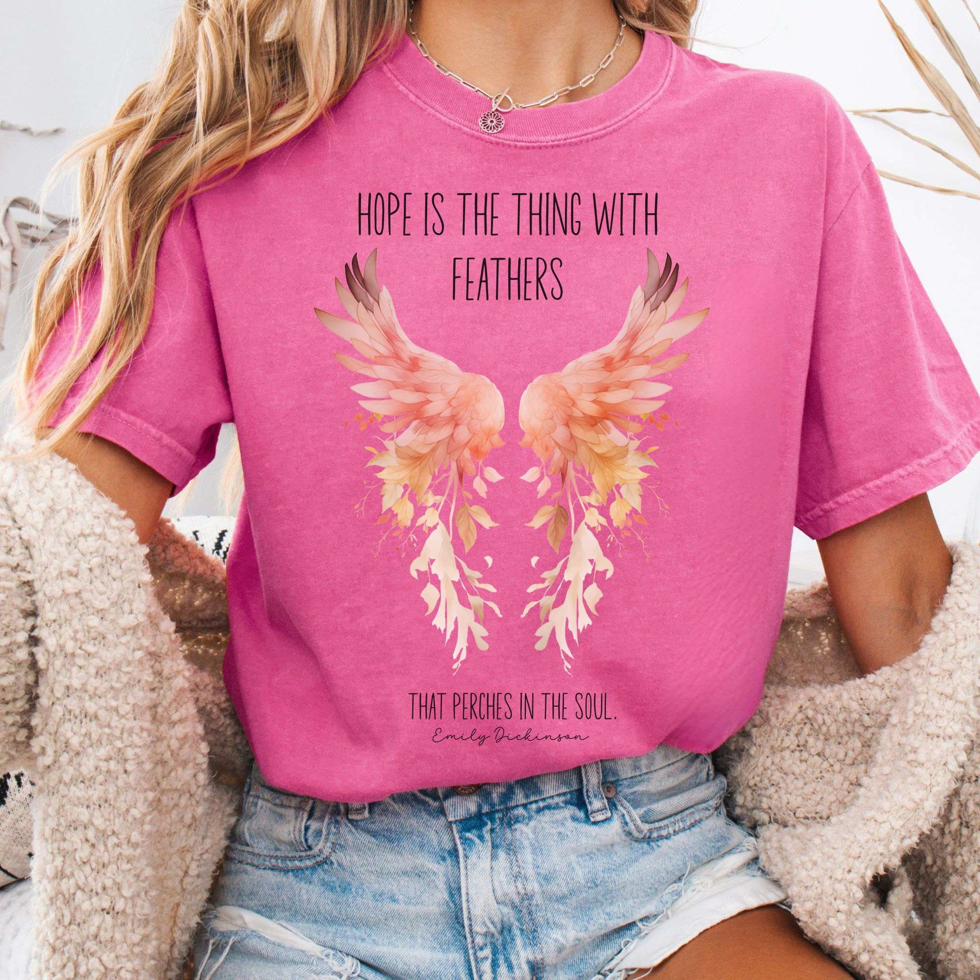 T-Shirt Crunchberry / S Hope is the Thing With Feathers Emily Dickinson T-Shirt – Literary Wings Tee The Mystic Eden