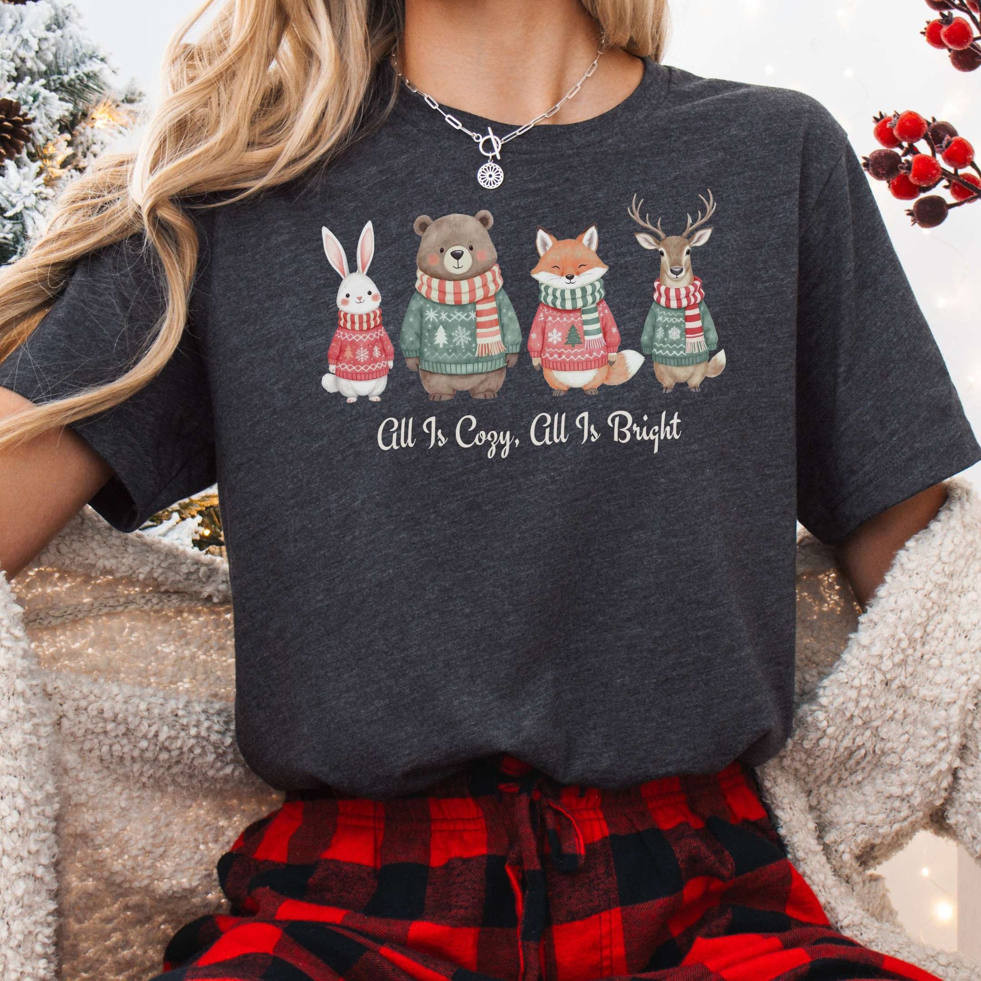 T-Shirt Dark Grey Heather / XS All Is Cozy, All Is Bright — Woodland Christmas Tee The Mystic Eden