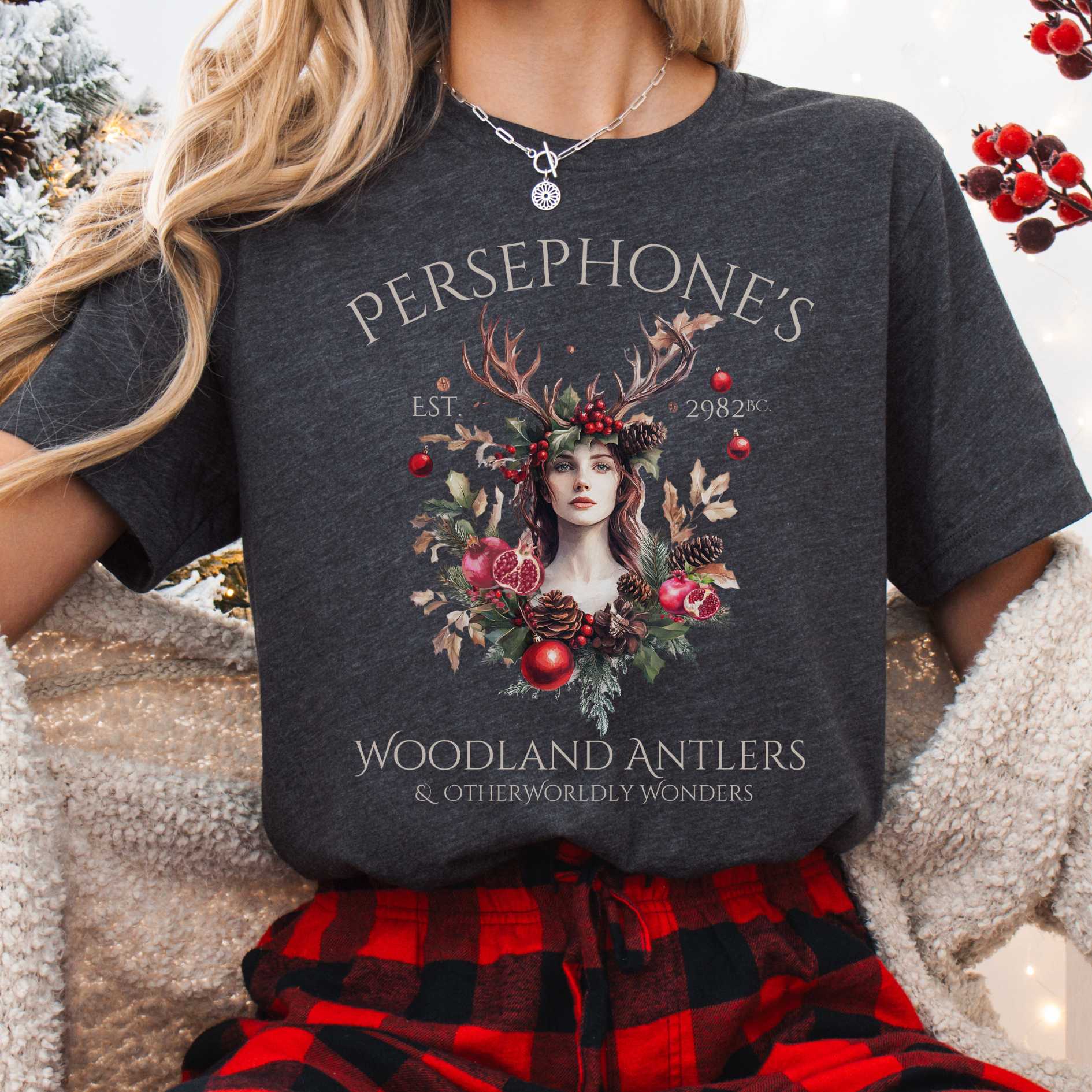 T-Shirt Dark Grey Heather / XS Persephone's Woodland Antlers Christmas T-Shirt The Mystic Eden