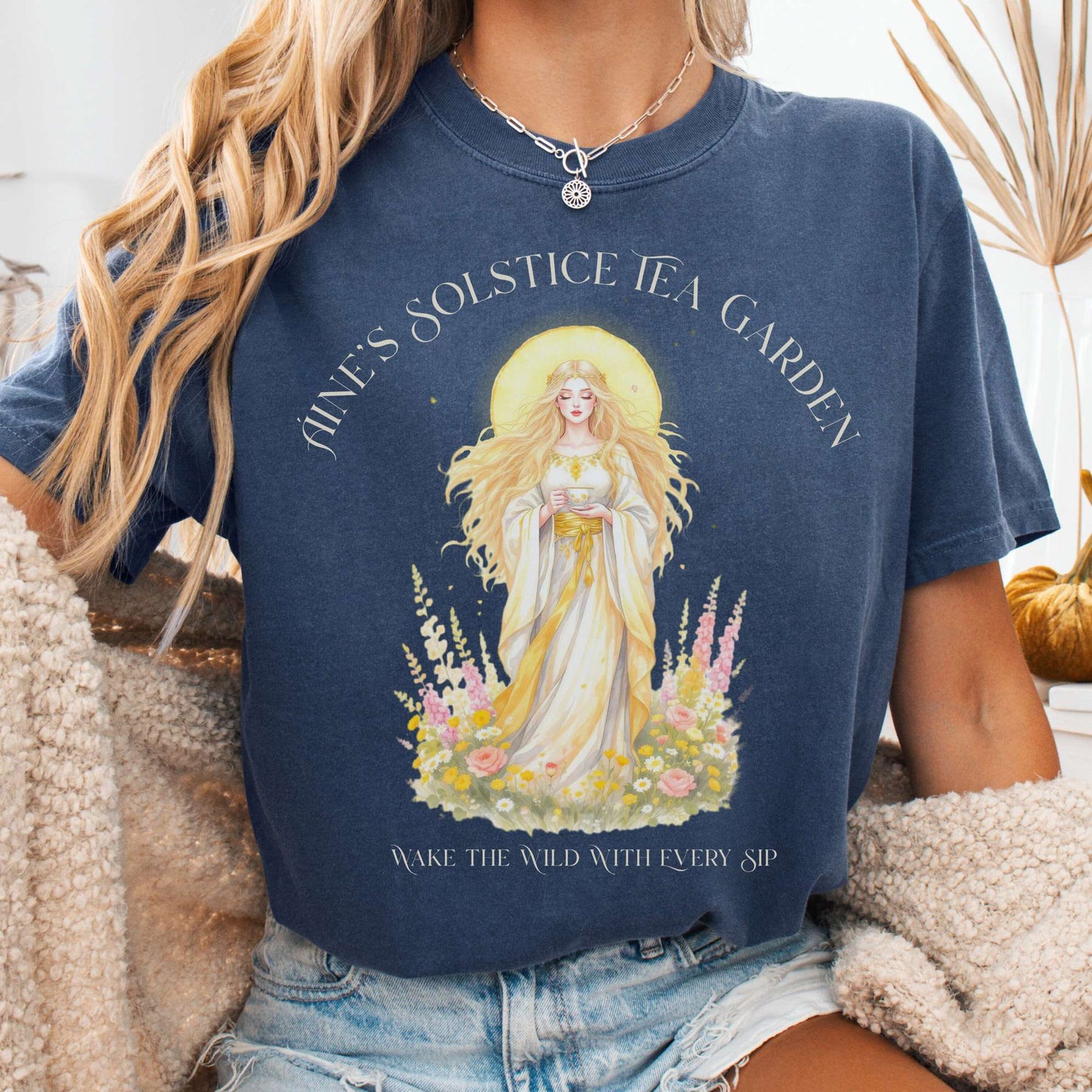 T-Shirt Denim / S Áine’s Solstice Tea Garden Celtic Goddess Tee The Mystic Eden