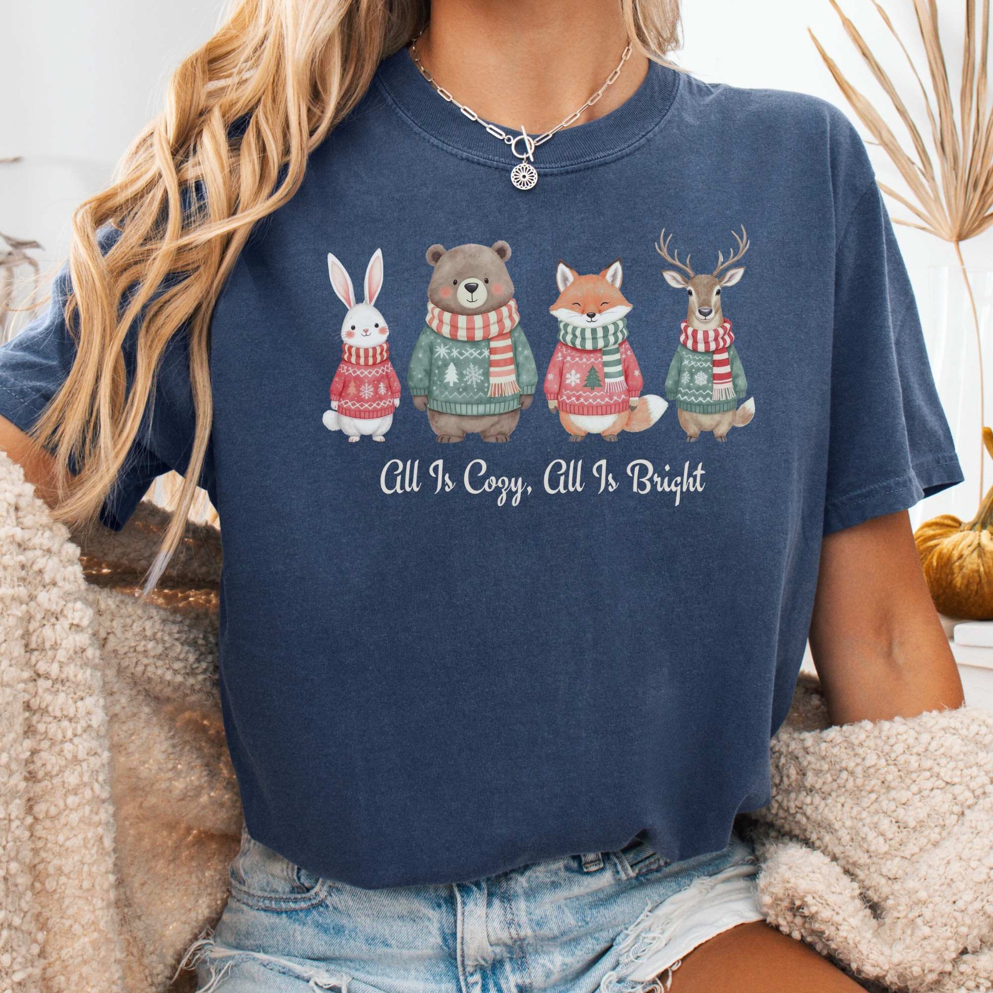T-Shirt Denim / S All Is Cozy, All Is Bright — Woodland Christmas Christmas Tee The Mystic Eden