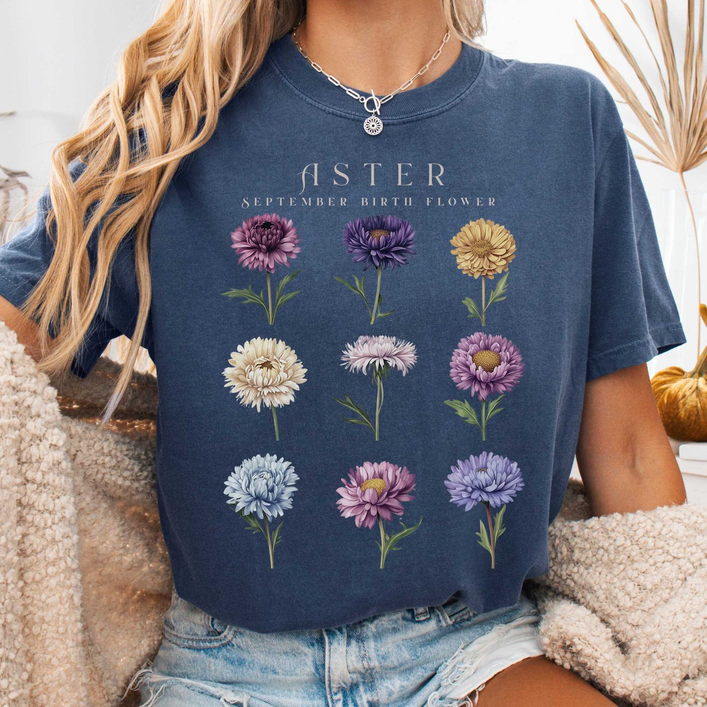 T-Shirt Denim / S Aster September Birth Month Flower Shirt The Mystic Eden