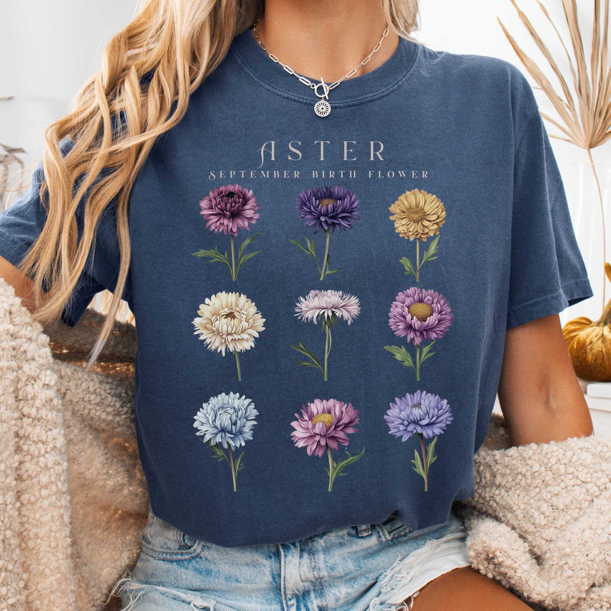T-Shirt Denim / S Aster September Birth Month Flower Shirt The Mystic Eden