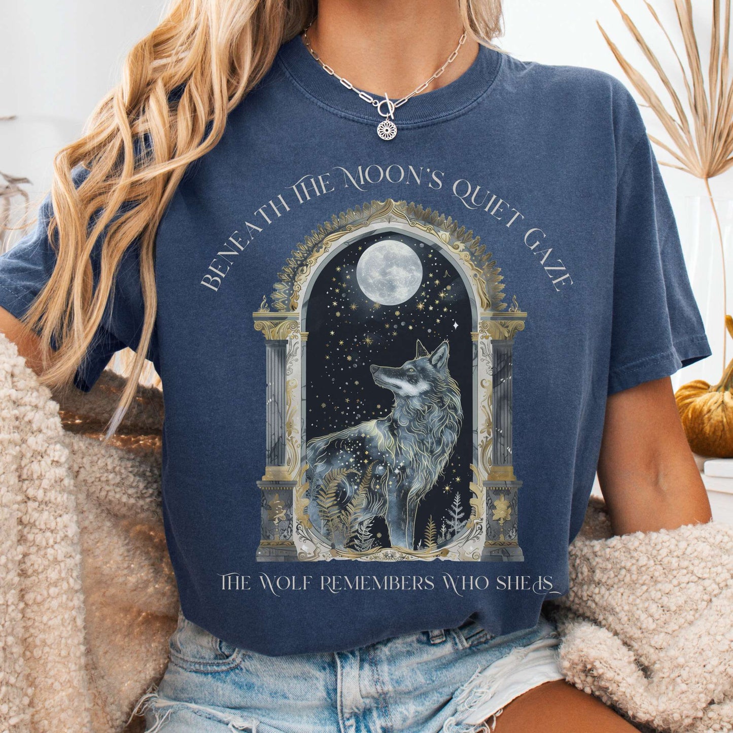 T-Shirt Denim / S Beneath The Moon The Wolf Remembers Who She Is Tee The Mystic Eden