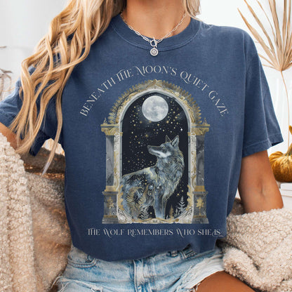 T-Shirt Denim / S Beneath The Moon The Wolf Remembers Who She Is Tee The Mystic Eden