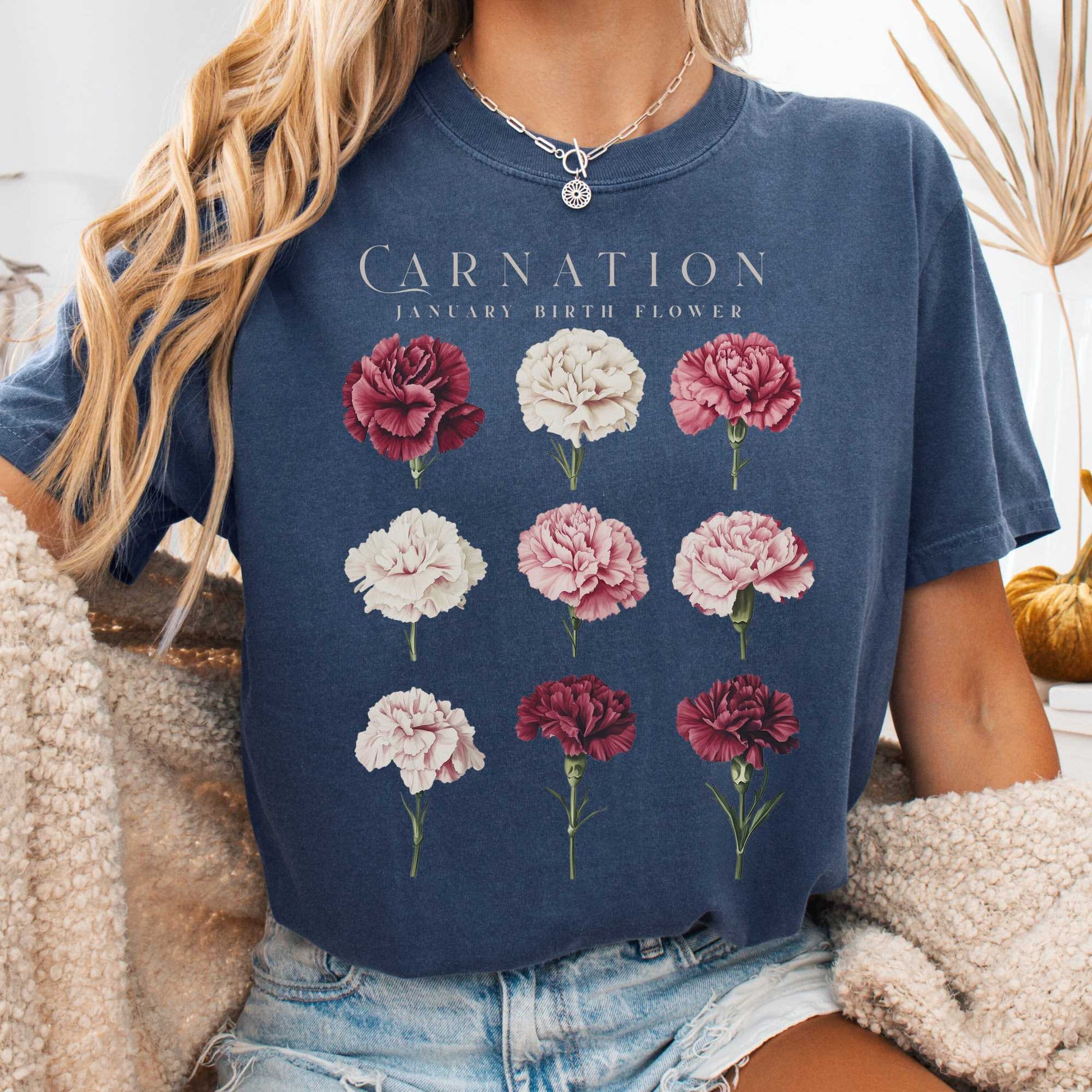 T-Shirt Denim / S Carnation January Birth Month Flower Shirt The Mystic Eden