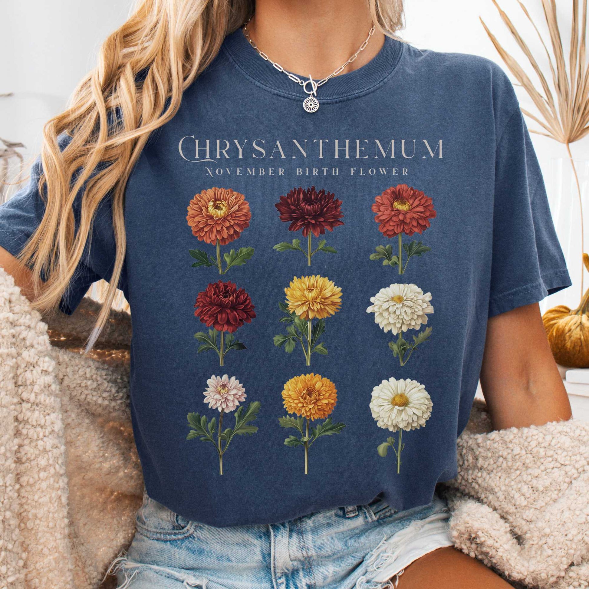 T-Shirt Denim / S Chrysanthemum November Birth Month Flower Shirt The Mystic Eden