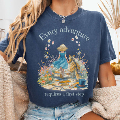 T-Shirt Denim / S Every Adventure Requires a First Step Alice Tee The Mystic Eden