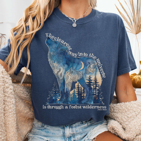 T-Shirt Denim / S Forest Wilderness Wolf T-Shirt – Nature Quote Tee The Mystic Eden